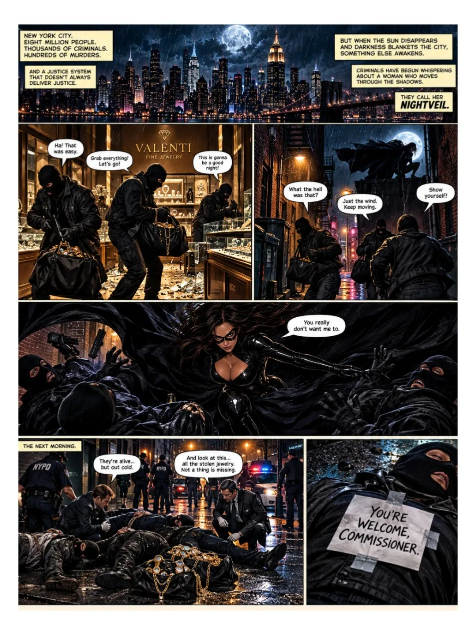 Nightveil issue 1, free preview page 1 of the female superhero comic